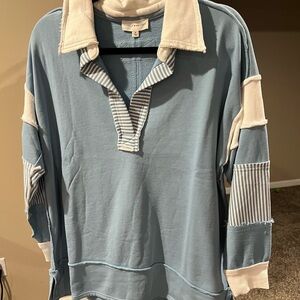 New Lovely Melody Blue and White Collared Long Sleeve Shirt